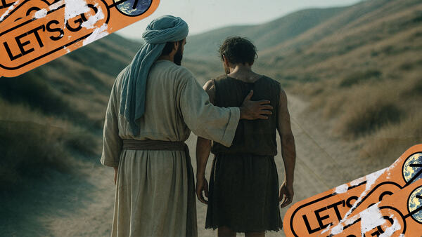 The Good Samaritan helps a man on a dusty road